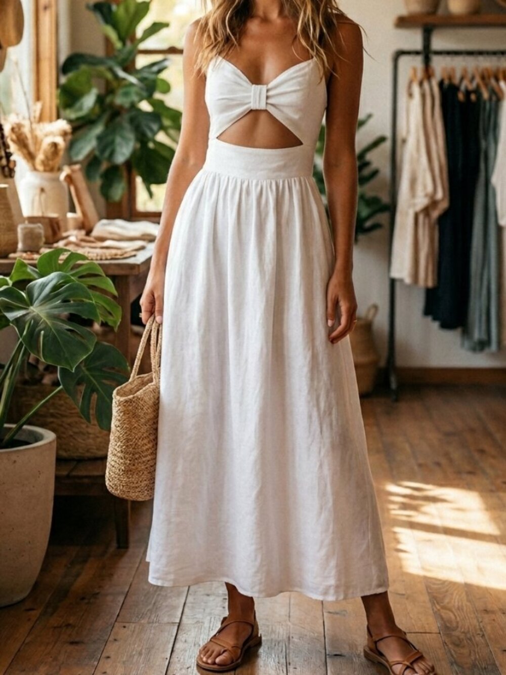 White Maxi Cutout Dress with Bow Front